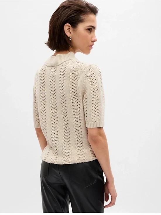 GAP cream short sleeve pointelle mockneck knit sweater size XS minimalist - Picture 2 of 10